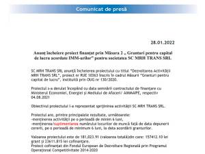 Anunț încheiere proiect finanțat prin Măsura 2 „ Granturi pentru capital de lucru acordate IMM-urilor” pentru societatea SC MRH TRANS SRL