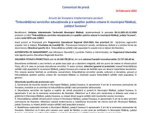 Anunț de începere implementare proiect  “Îmbunătățirea serviciilor educaționale și a spațiilor publice urbane în municipiul Rădăuți, județul Suceava”