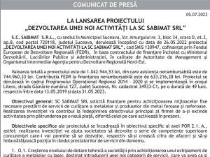 LA LANSAREA PROIECTULUI „DEZVOLTAREA UNEI NOI ACTIVITĂŢI LA SC SABIMAT SRL”