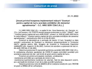 Anunț privind începerea implementarii măsurii &quot;Granturi pentru capital de lucru acordate entităților din domeniul agroalimentar&quot; - S.C. NIRO SERV COM S.R.L.